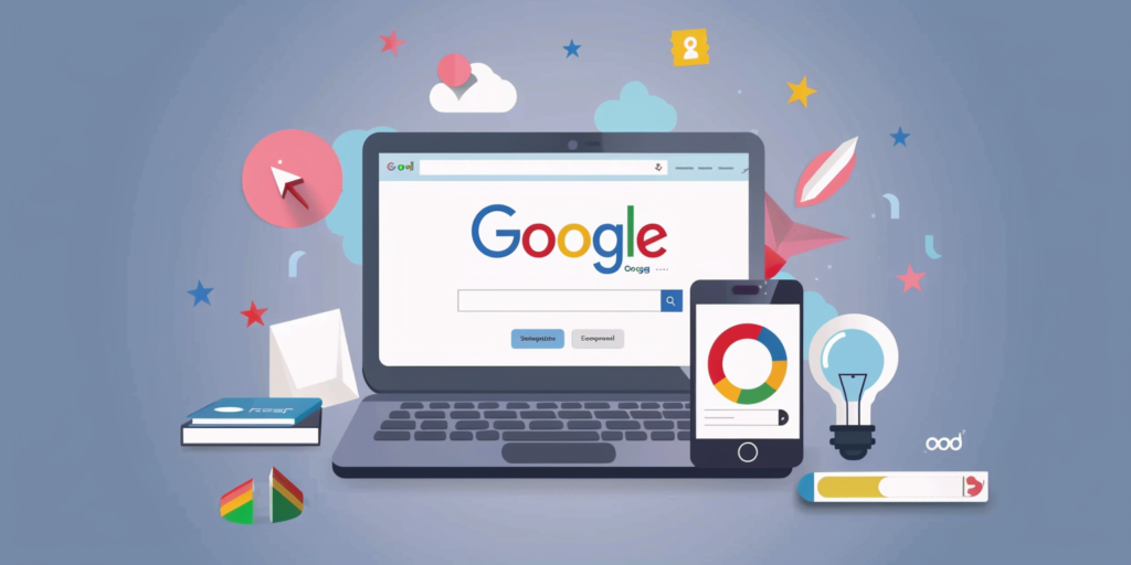 a laptop and phone with a screen showing the search engine