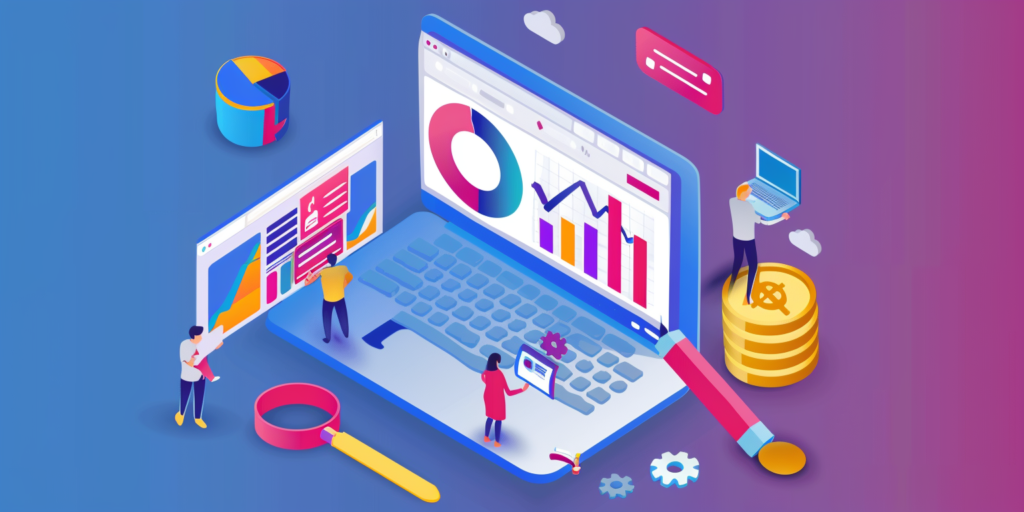 grafika przedstawiająca laptop z wykresami seo i pozycjami google