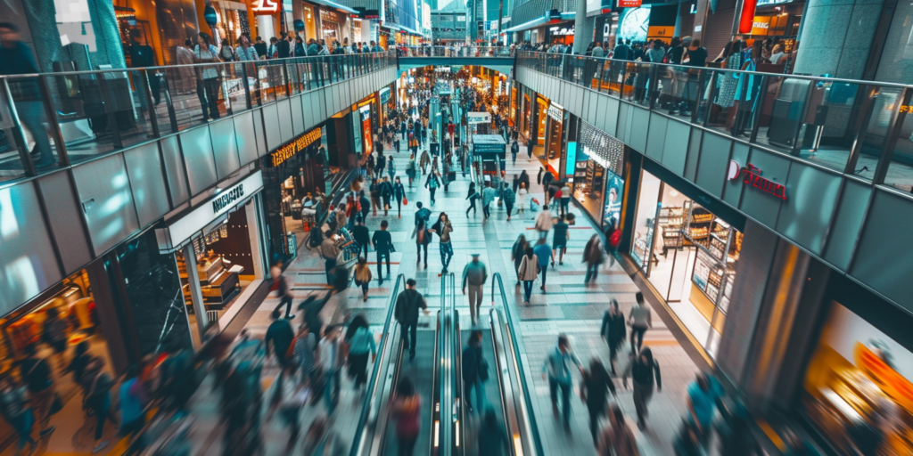 tłum ludzi w galerii handlowej szybko poruszających się 