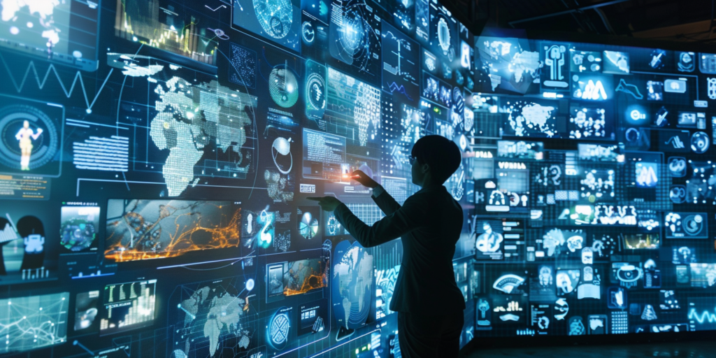 kobieta z wirtualnym projektorem wybierająca dane marketingowe