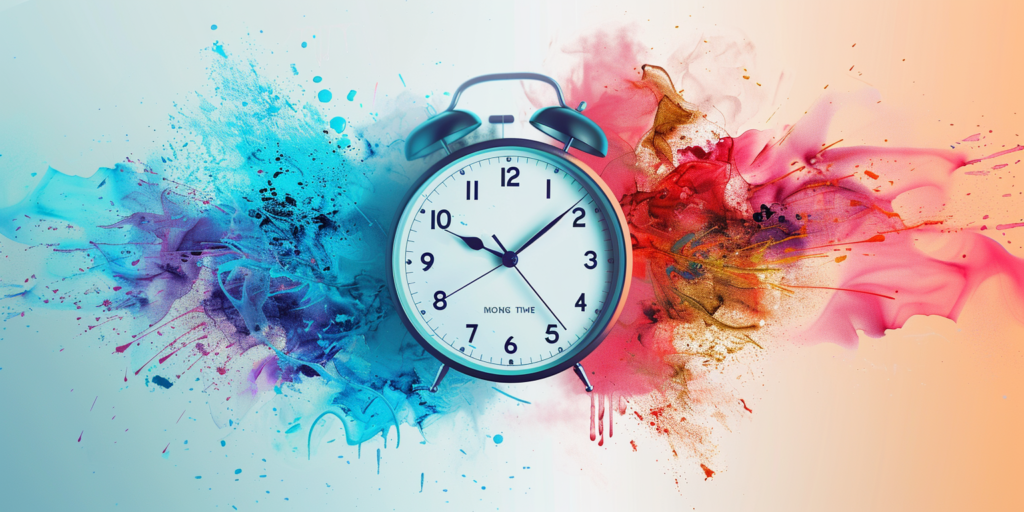 zegar z wybuchami w różnych kolorach obok niego. Symbol czasu w marketingu