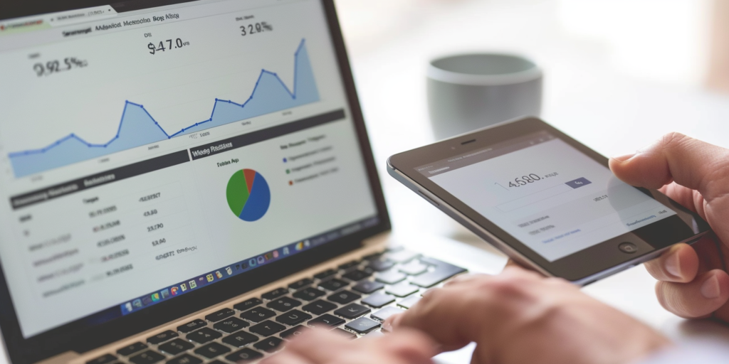 monitor z wykresami seo dla różnych pozycji i mały tablet z kwotą wyliczoną w kalkulatorze