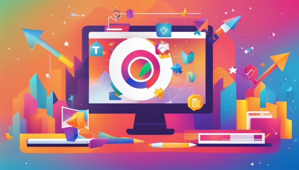Skuteczne SEO dla początkujących w formie kolorowego banera z elementami stron internetowych monitora ołówków i różnych elementów graficznych