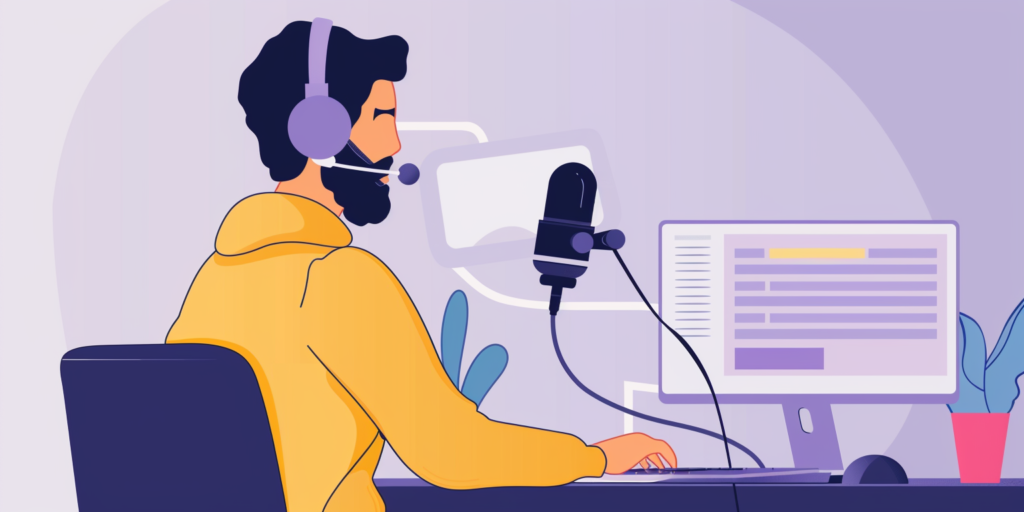 grafika przedstawiająca prowadzącego podcast mężczyznę z słuchawkami na uszach