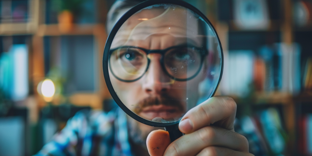 osoba w okularach patrząca przez lupę