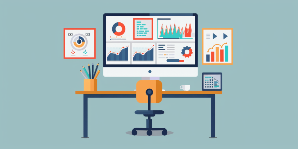 grafika przedstawiająca biurko krzesło i tablice z wykresami seo